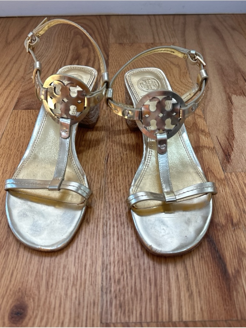 Tory Burch Metallic Gold Logo T-Strap Sandals